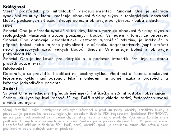 Sinovial One 2% roztok elastoviskózní inj.1x2.5ml