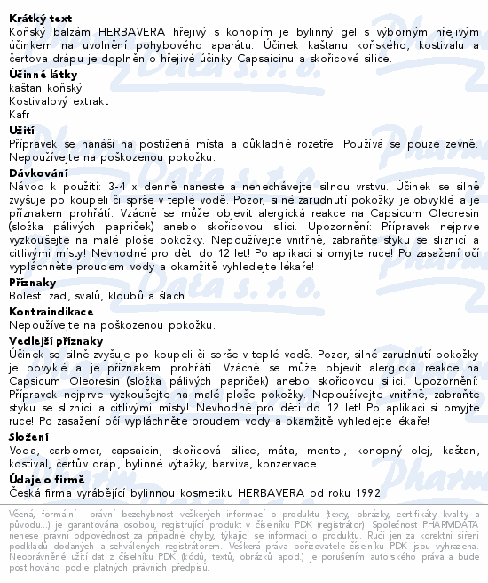 Koňský balzám hřej.konopí-skořice HERBAVERA 200ml