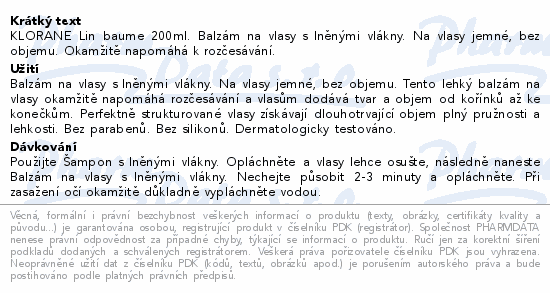 KLORANE Balzám len na jemné vlasy 200ml