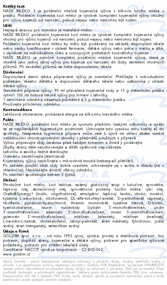 Naše mléko 1 počáteční kojenecké kozí mléko 525g