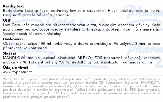 Topnatur LOW CARB kaše kokosová 60g