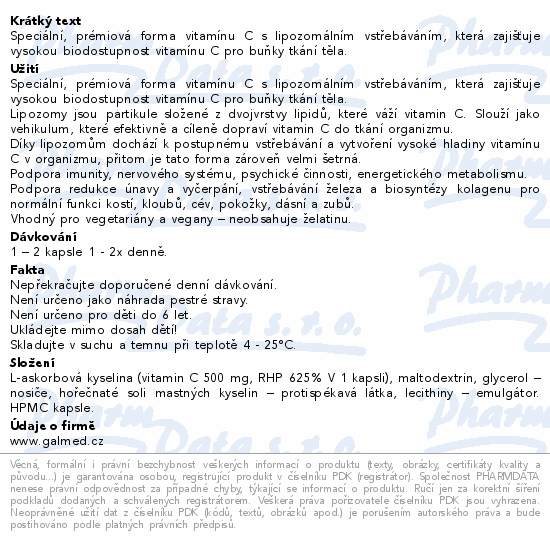 Vitamín C lipozomální forte 500mg cps.60+15 Galmed