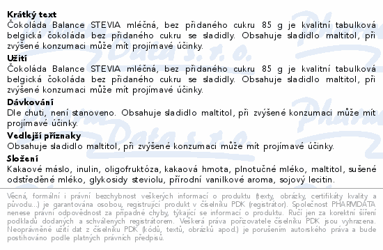 Čokol.Balance STEVIA mléč.bez přidaného cukru 85g