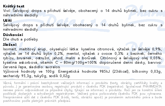 Vivil Šalvěj+14 druhů bylin bez cukru 120g