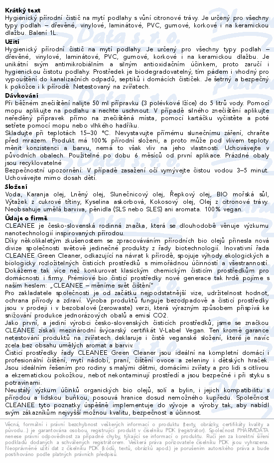 CLEANEE ECO Home hygienický čistič PODLAHY 1000ml