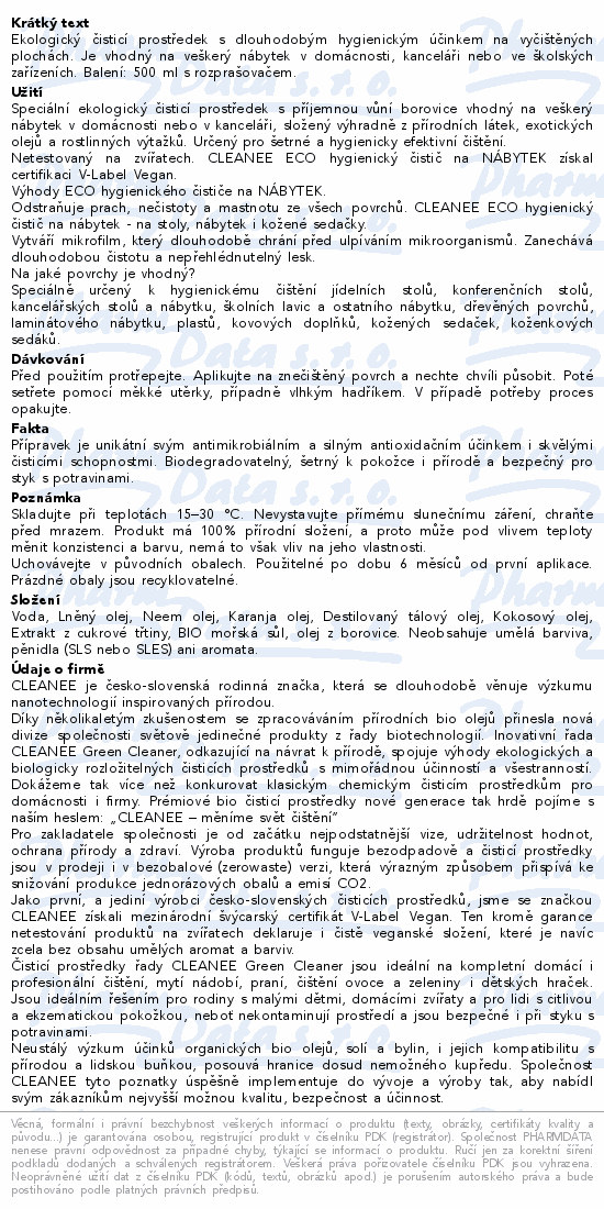 CLEANEE ECO Home hygienický čistič NÁBYTEK 500ml