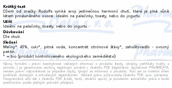 Rudolfs Malinový džem BIO 400g