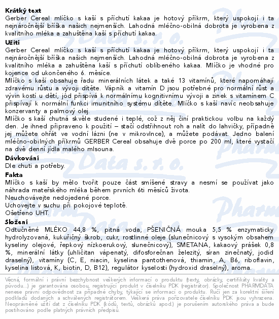 Gerber Cereal Ml.s kaší dobr.noc kakao 2x200ml 6m+