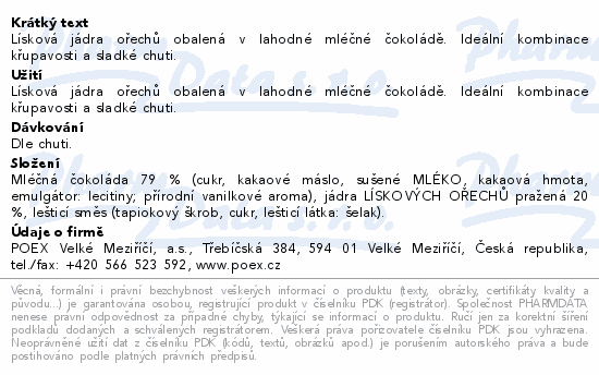 POEX Choco Exclusive Lískové ořechy v ml.čoko.150g